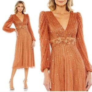 Mac Duggal 5593 Cognac Orange  Embellished V Neck Long SleeveEvening Dress 16